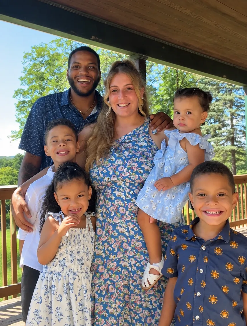 Marsallis, Marianna and their four kids, the family who own Little Giggles Play Co, smiling together on a porch